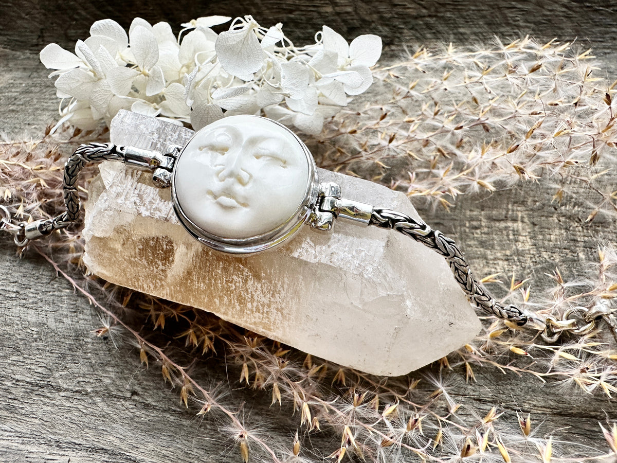 Hand Carved Moon Goddess 925 Silver Handmade Bracelet