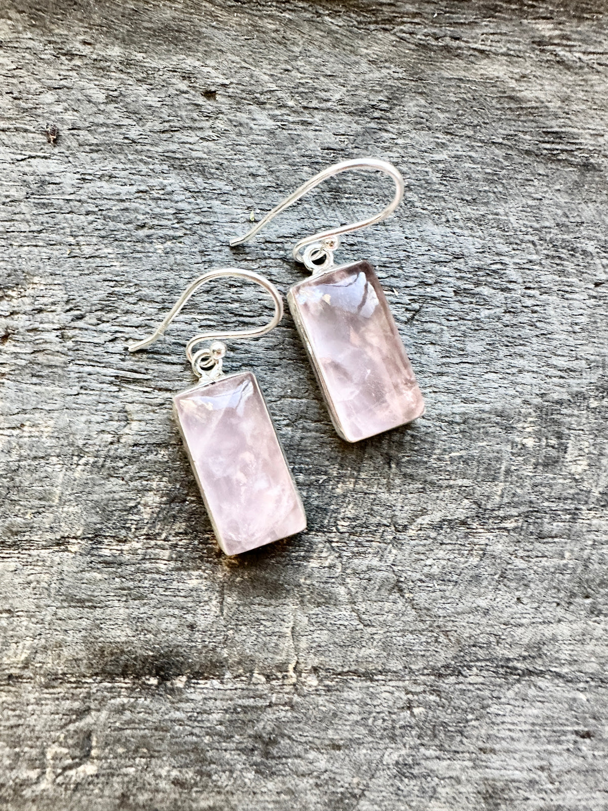 Rectangle Rose Quartz 925 Silver Handmade Earrings - Crystal Healing Meditation