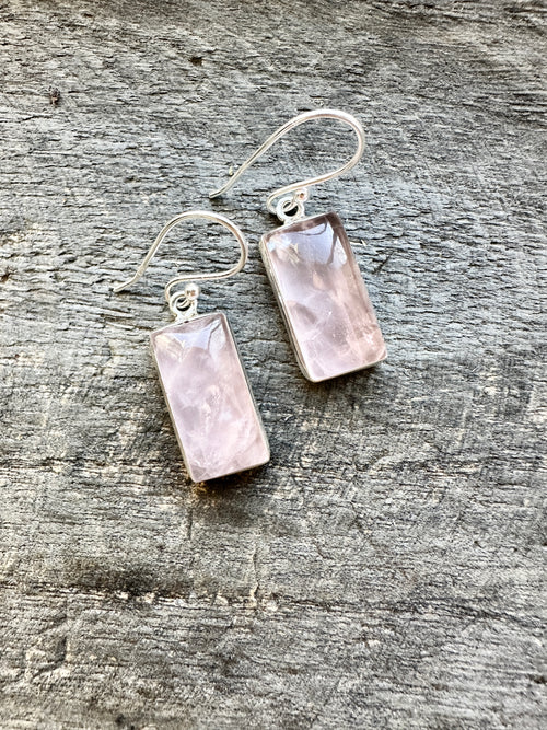 Rectangle Rose Quartz 925 Silver Handmade Earrings - Crystal Healing Meditation