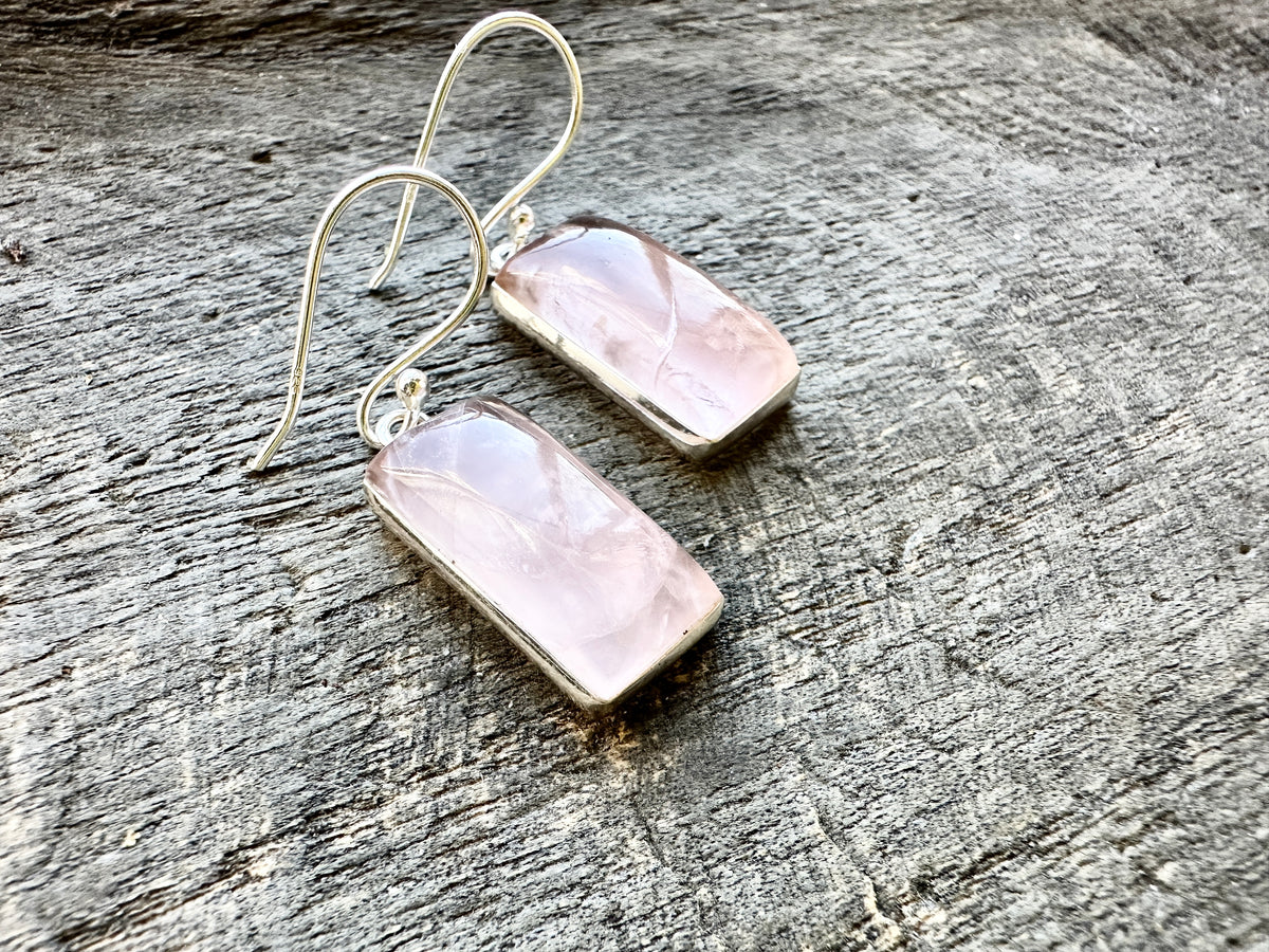 Rectangle Rose Quartz 925 Silver Handmade Earrings - Crystal Healing Meditation