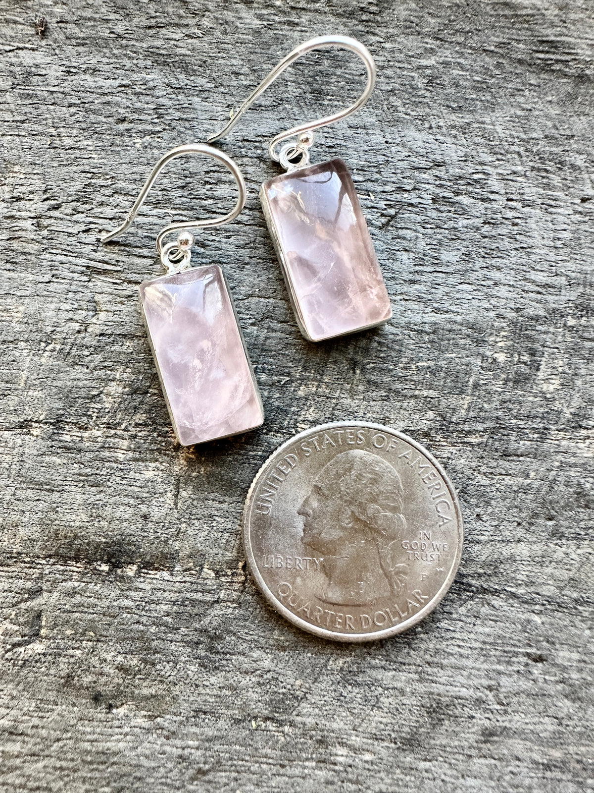 Rectangle Rose Quartz 925 Silver Handmade Earrings - Crystal Healing Meditation
