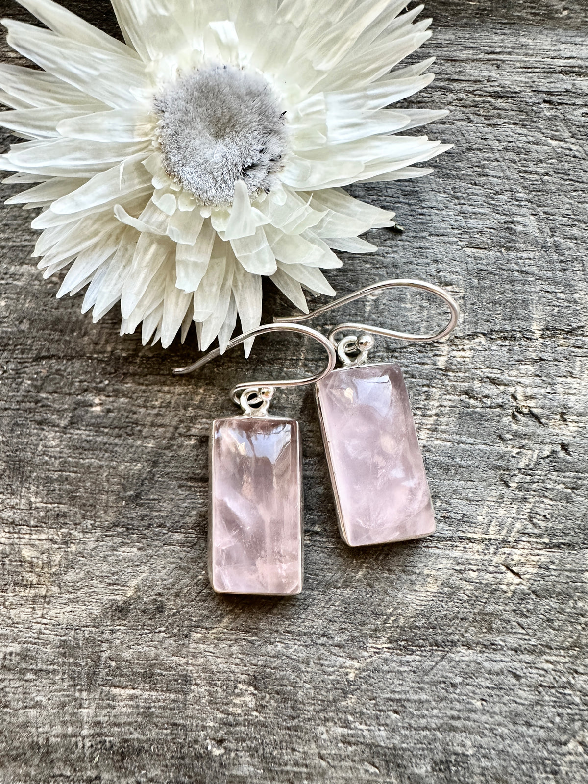 Rectangle Rose Quartz 925 Silver Handmade Earrings - Crystal Healing Meditation