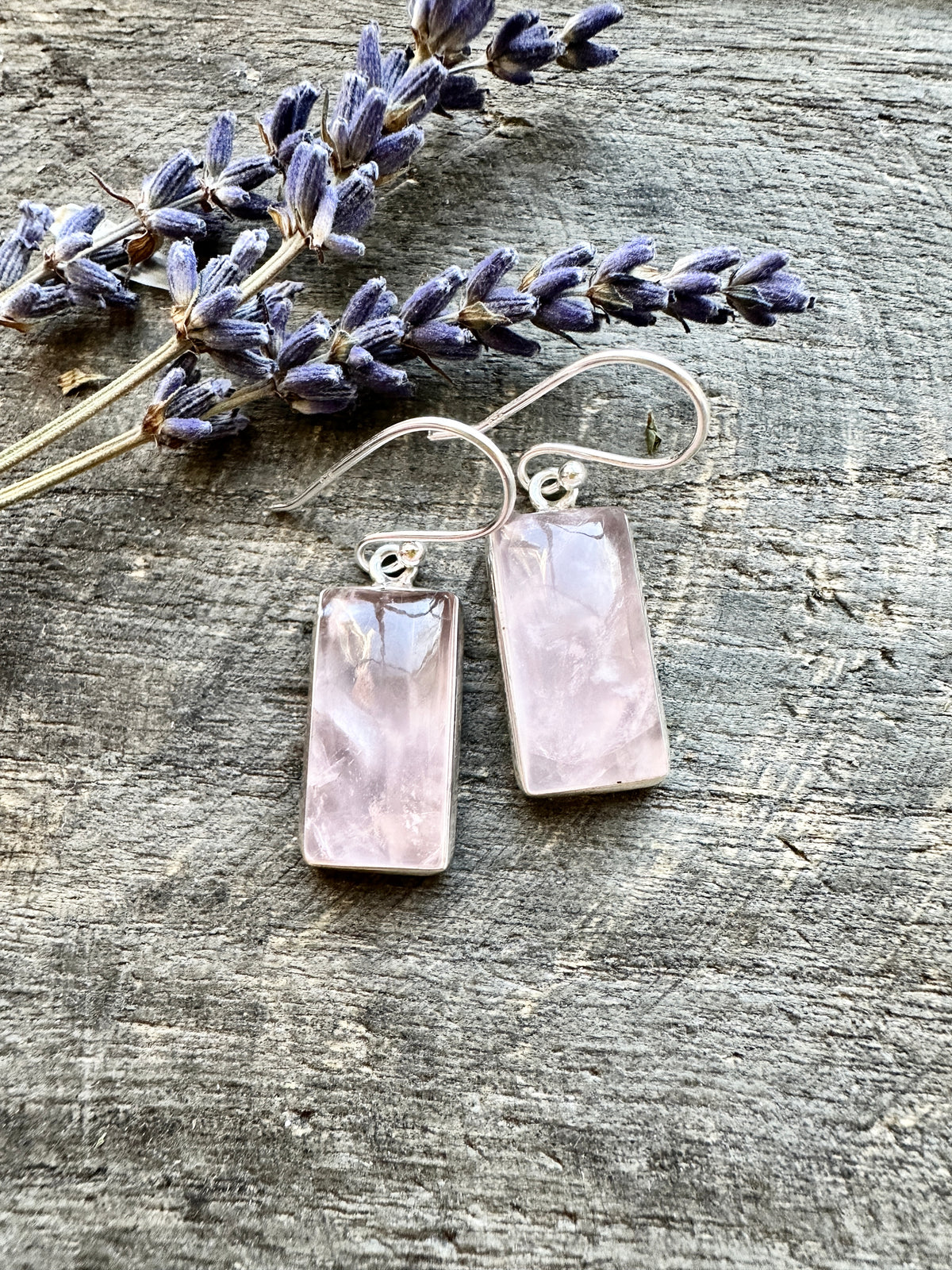 Rectangle Rose Quartz 925 Silver Handmade Earrings - Crystal Healing Meditation