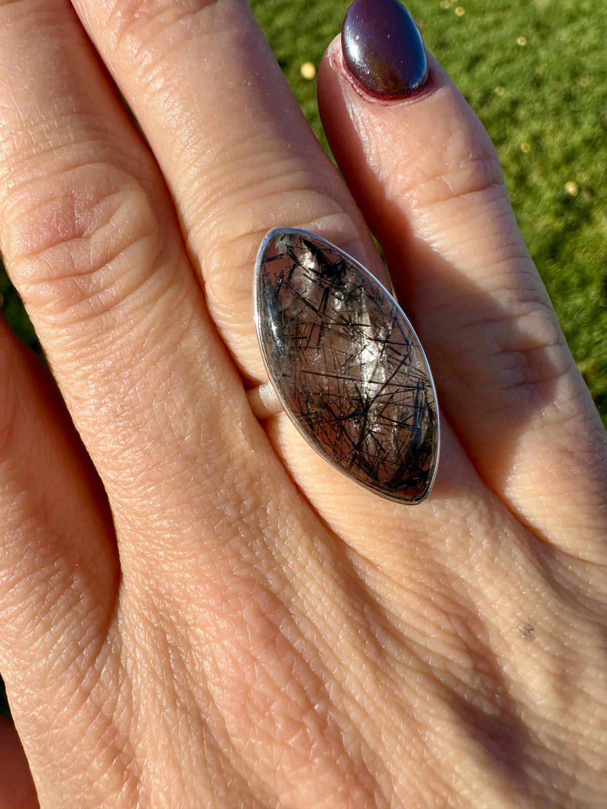 Black Tourmaline in Quartz 925 Silver Handmade Ring Size 6 - Crystal Healing Meditation Protection
