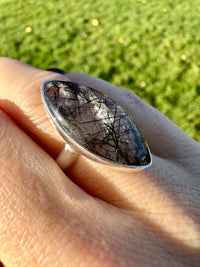 Black Tourmaline in Quartz 925 Silver Handmade Ring Size 6 - Crystal Healing Meditation Protection