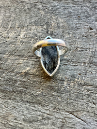 Black Tourmaline in Quartz 925 Silver Handmade Ring Size 6 - Crystal Healing Meditation Protection