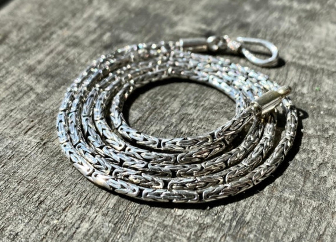 Handmade 2mm Solid Sterling 925 Silver Byzantine Borobudur Chain 23 1/2 inches - Classic Traditional Oriental