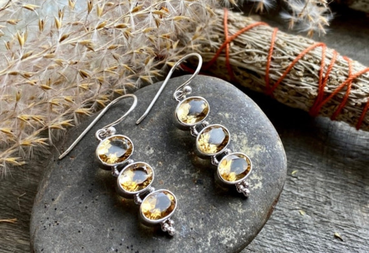 Trilogy Citrine Faceted 925 Silver Handmade Earrings