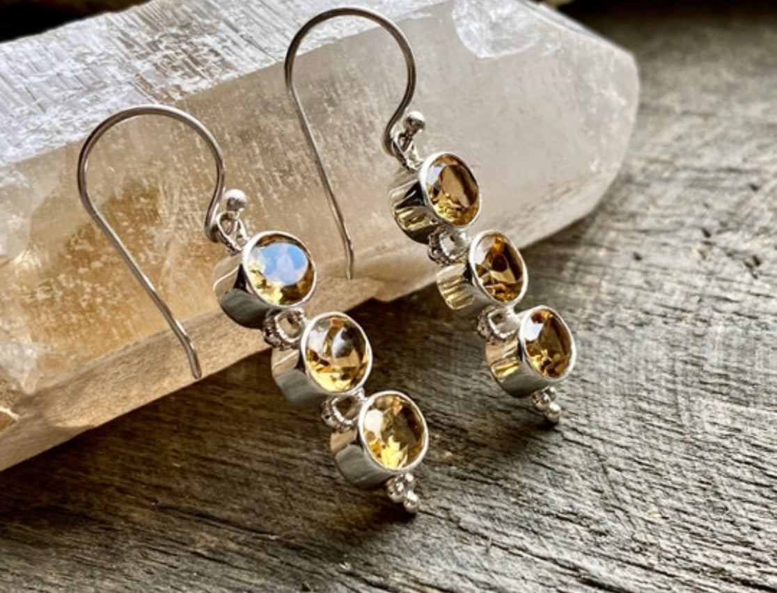 Trilogy Citrine Faceted 925 Silver Handmade Earrings