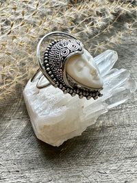 Divine Harmony: Carved Bovine Bone Goddess Ring in Solid 925 Silver