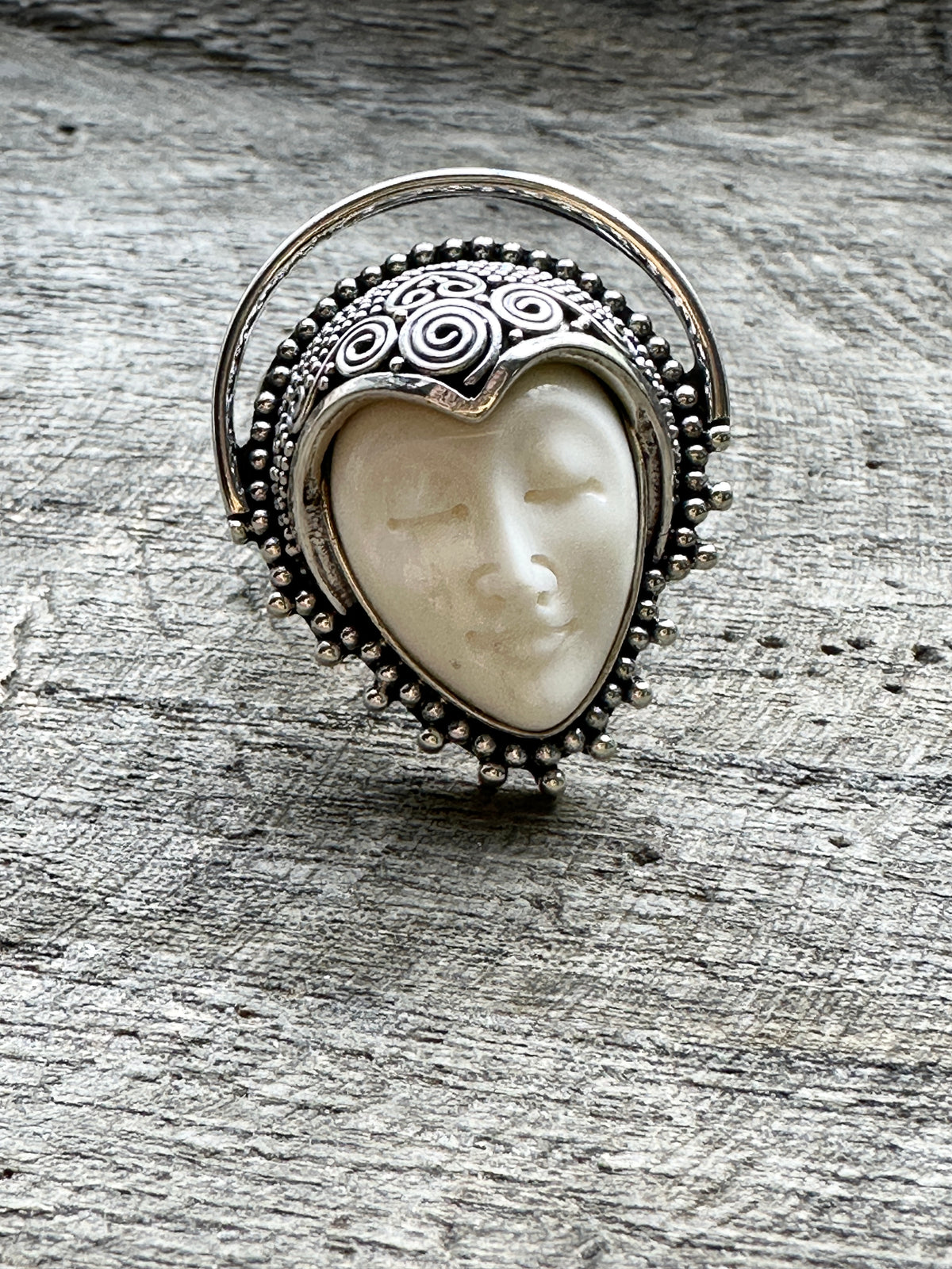 Divine Harmony: Carved Bovine Bone Goddess Ring in Solid 925 Silver