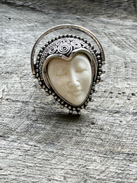Divine Harmony: Carved Bovine Bone Goddess Ring in Solid 925 Silver