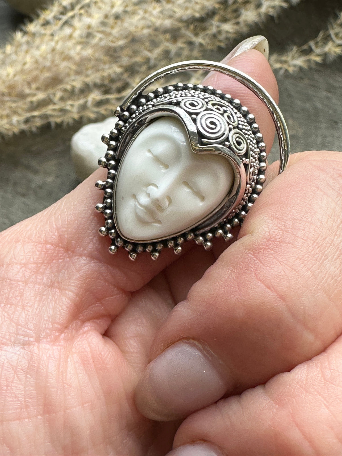 Divine Harmony: Carved Bovine Bone Goddess Ring in Solid 925 Silver