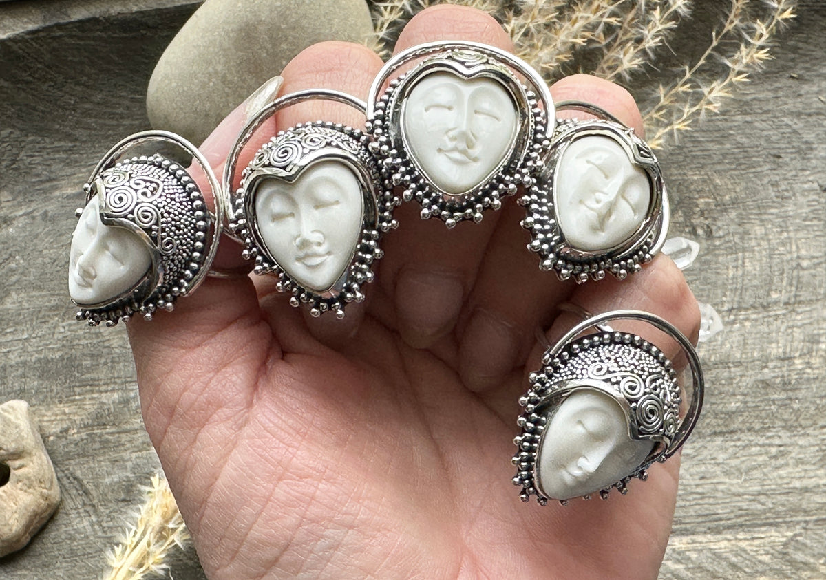 Divine Harmony: Carved Bovine Bone Goddess Ring in Solid 925 Silver
