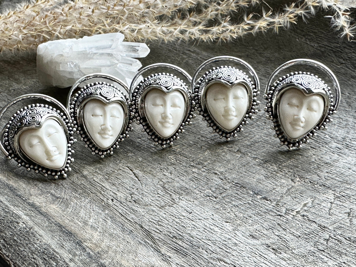 Divine Harmony: Carved Bovine Bone Goddess Ring in Solid 925 Silver