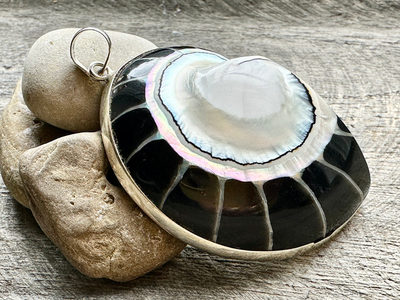 Nautilus Shaped Mother of Pearl with Black resin 925 Silver Pendant - Crystal Healing Pendant