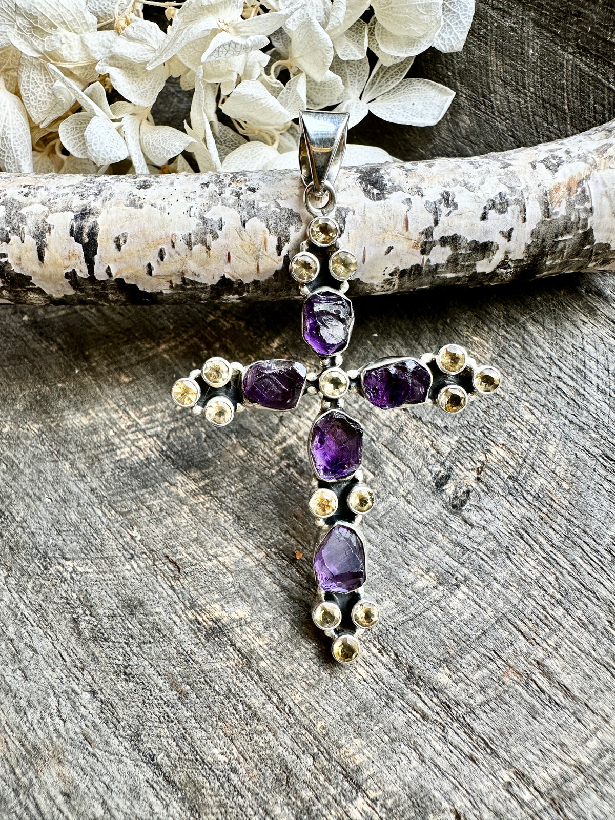Sacred Fusion: Solid Silver 925 Amethyst and Citrine Cross Handmade Pendant
