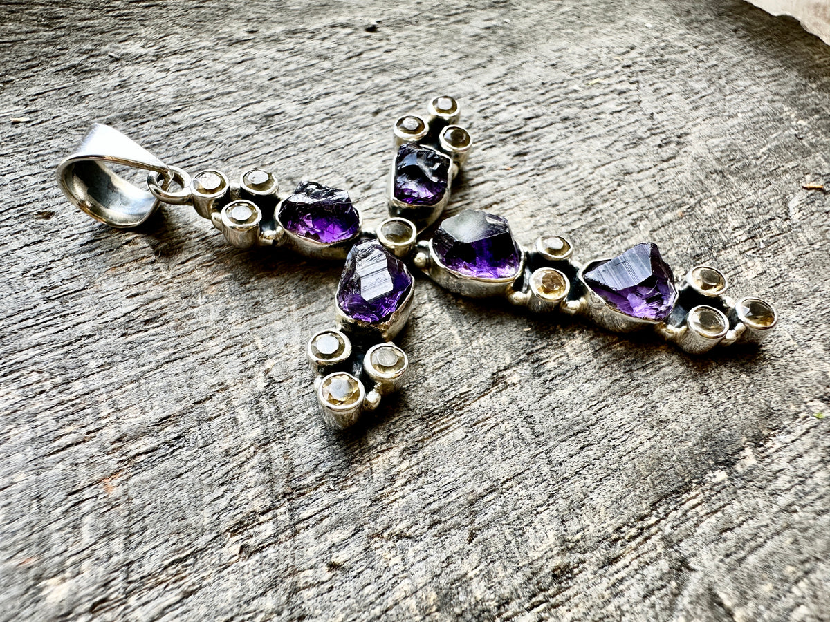 Sacred Fusion: Solid Silver 925 Amethyst and Citrine Cross Handmade Pendant