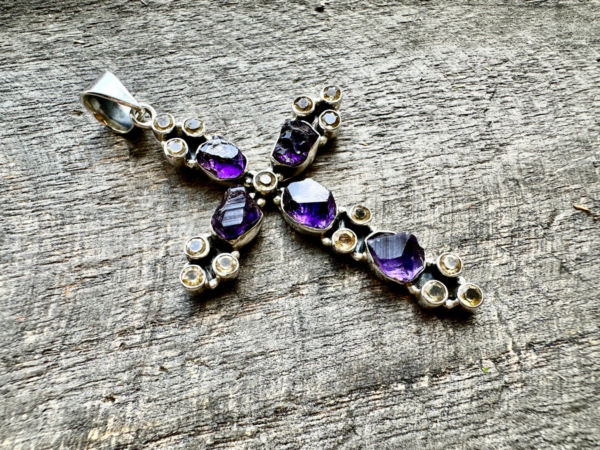 Sacred Fusion: Solid Silver 925 Amethyst and Citrine Cross Handmade Pendant