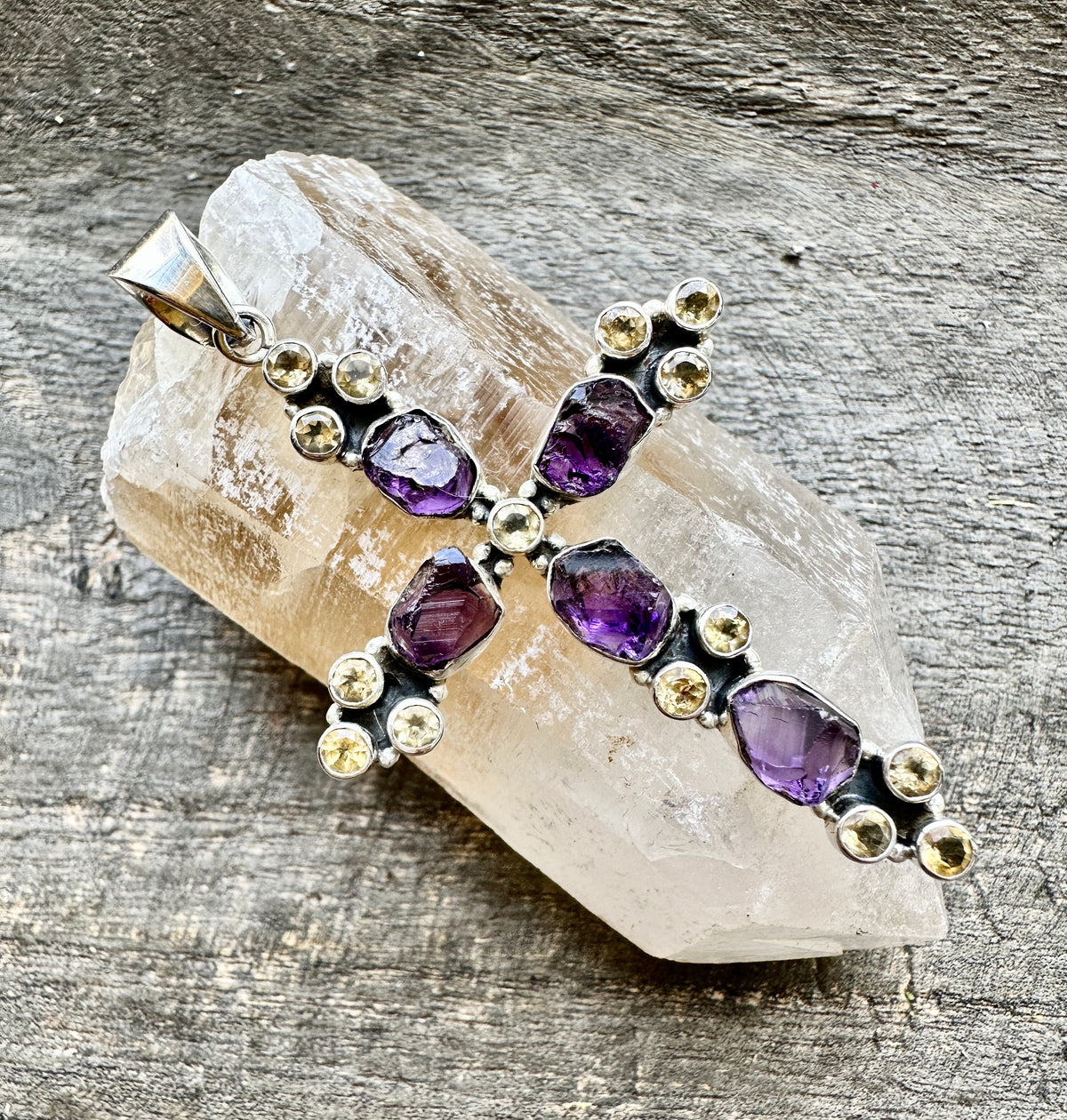 Sacred Fusion: Solid Silver 925 Amethyst and Citrine Cross Handmade Pendant