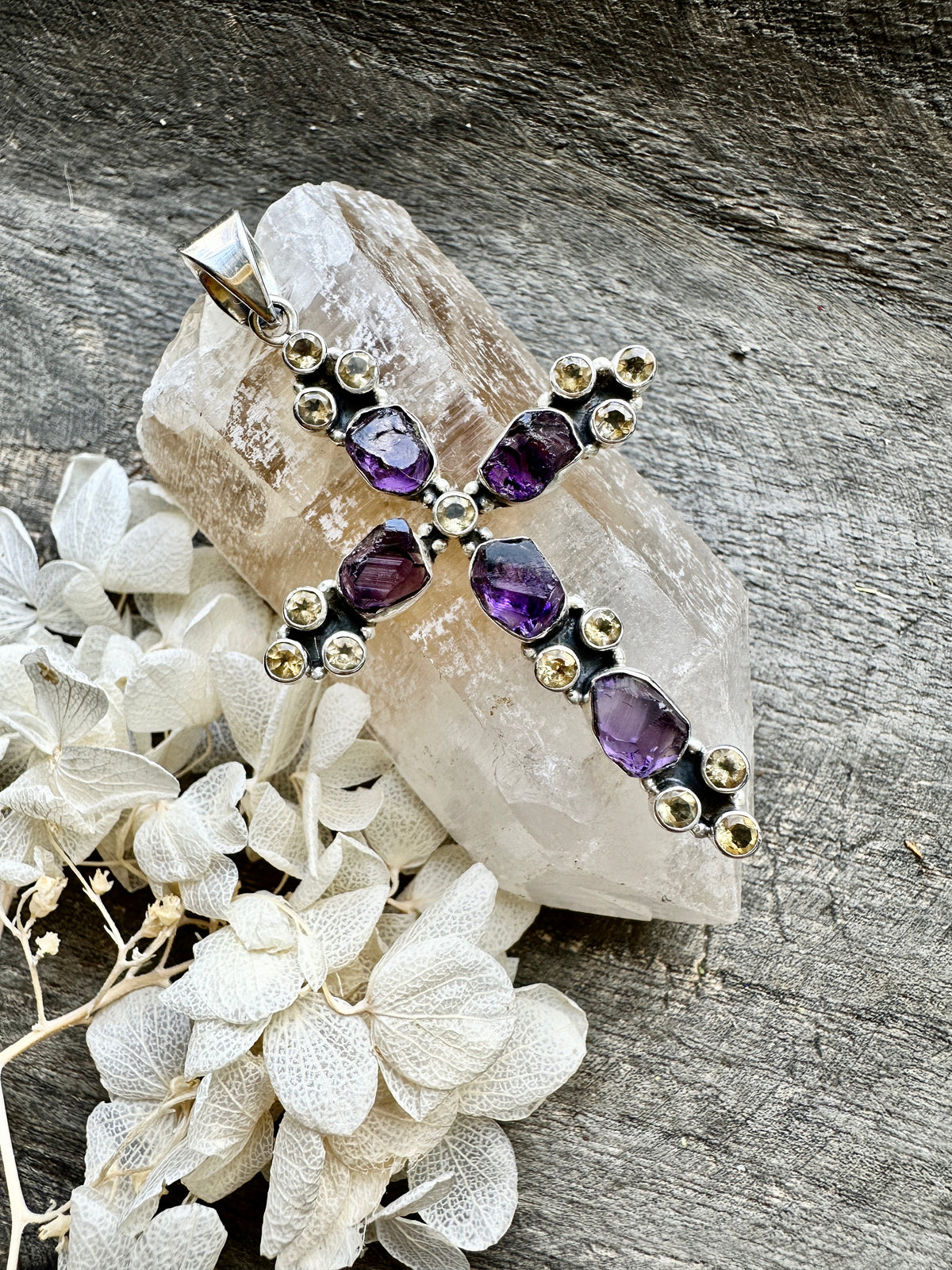 Sacred Fusion: Solid Silver 925 Amethyst and Citrine Cross Handmade Pendant