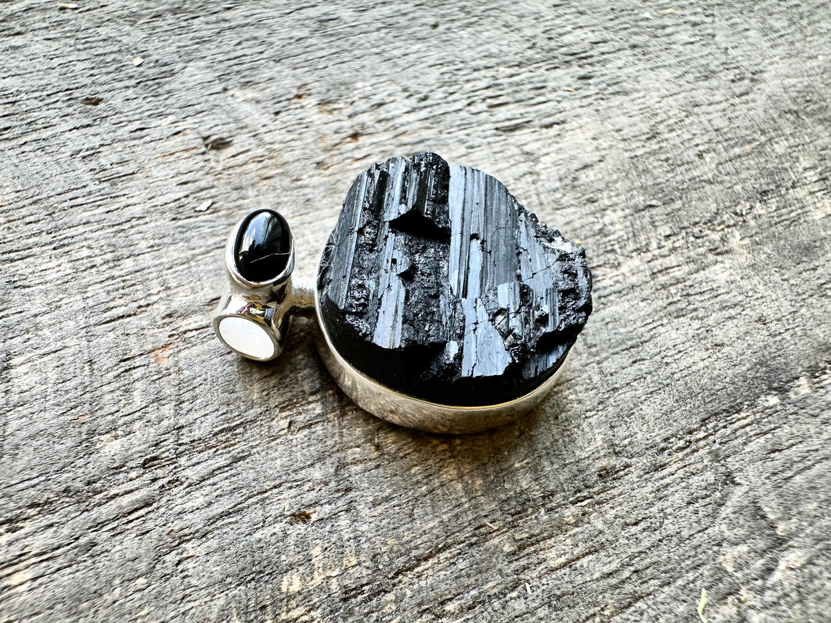 Black Tourmaline With Black Onyx 925 Solid Silver Pendant