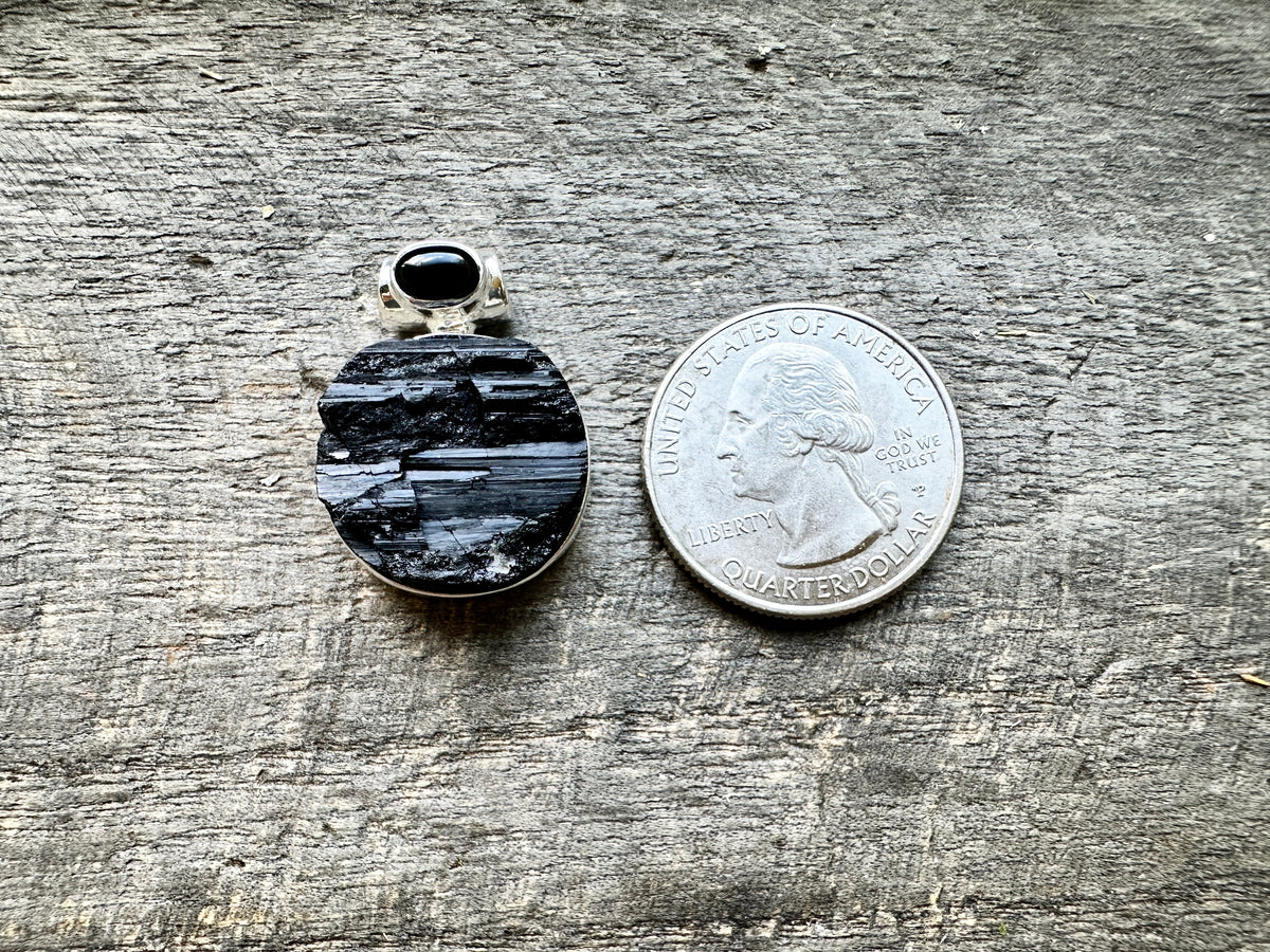 Black Tourmaline With Black Onyx 925 Solid Silver Pendant