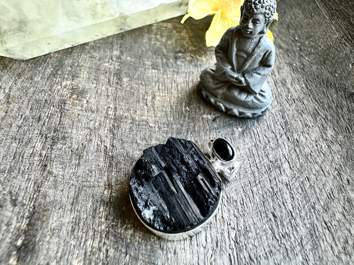 Black Tourmaline With Black Onyx 925 Solid Silver Pendant