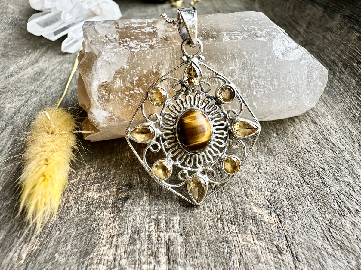 Artisan 925 Silver Amulet Pendant with Citrine and Tiger Eye - Handcrafted Gemstone Charm