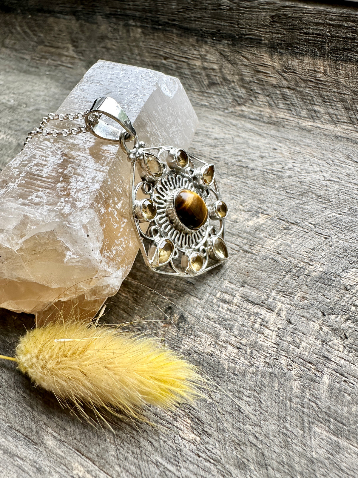 Artisan 925 Silver Amulet Pendant with Citrine and Tiger Eye - Handcrafted Gemstone Charm