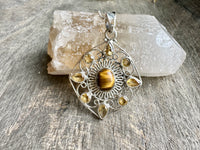 Artisan 925 Silver Amulet Pendant with Citrine and Tiger Eye - Handcrafted Gemstone Charm