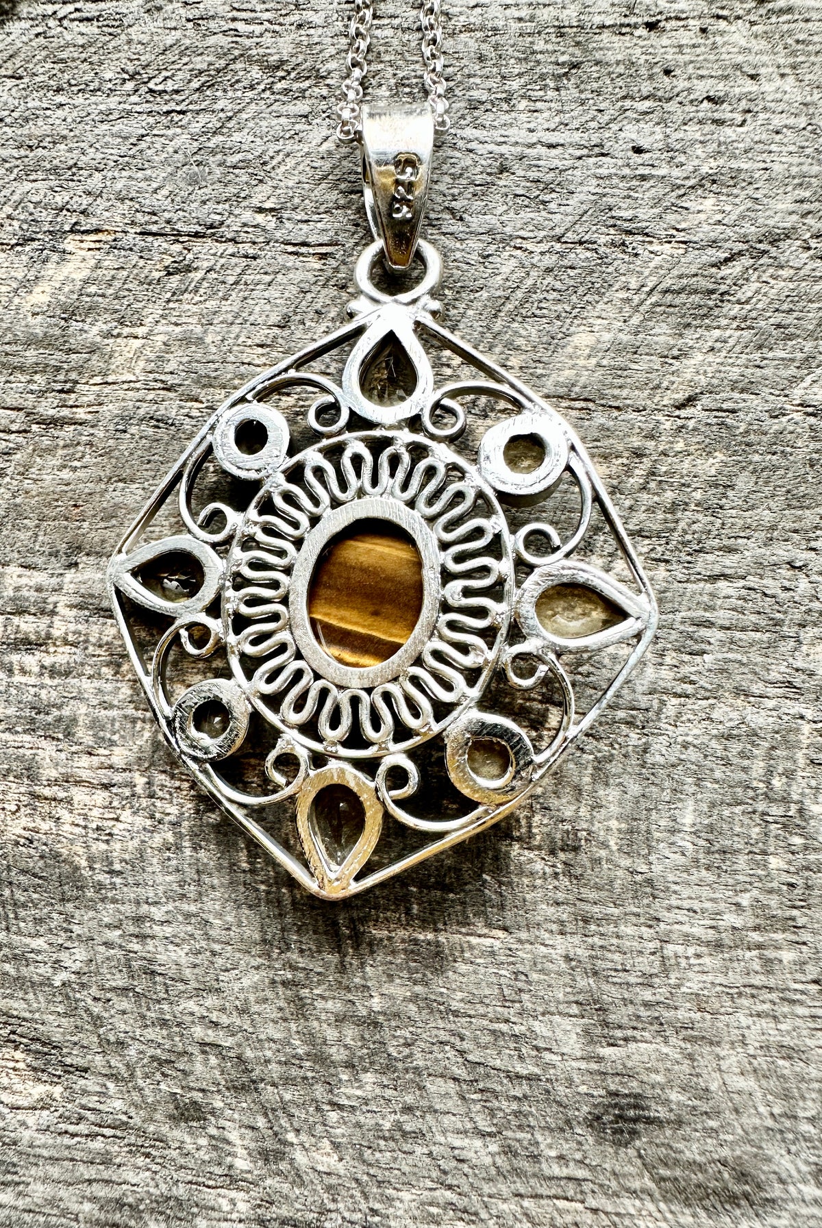 Artisan 925 Silver Amulet Pendant with Citrine and Tiger Eye - Handcrafted Gemstone Charm