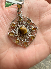 Artisan 925 Silver Amulet Pendant with Citrine and Tiger Eye - Handcrafted Gemstone Charm