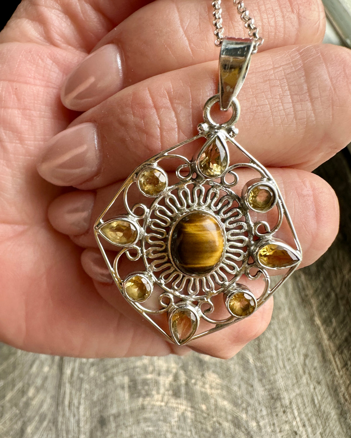 Artisan 925 Silver Amulet Pendant with Citrine and Tiger Eye - Handcrafted Gemstone Charm