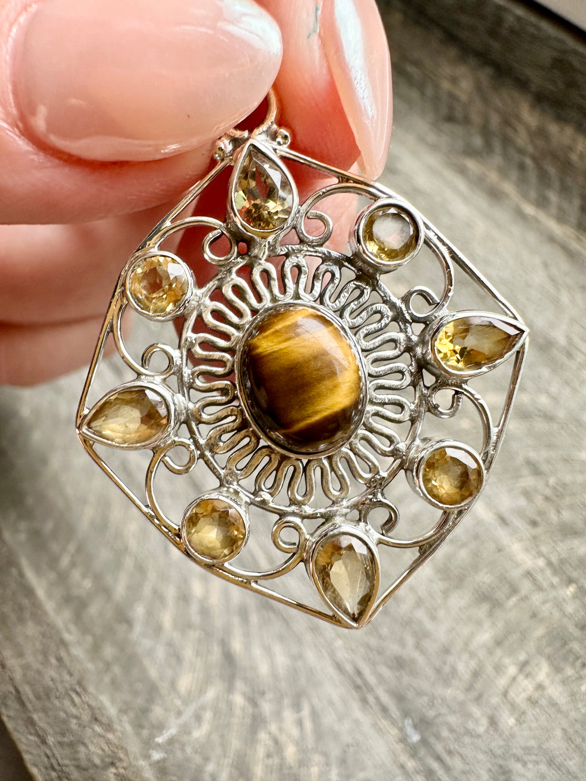 Artisan 925 Silver Amulet Pendant with Citrine and Tiger Eye - Handcrafted Gemstone Charm