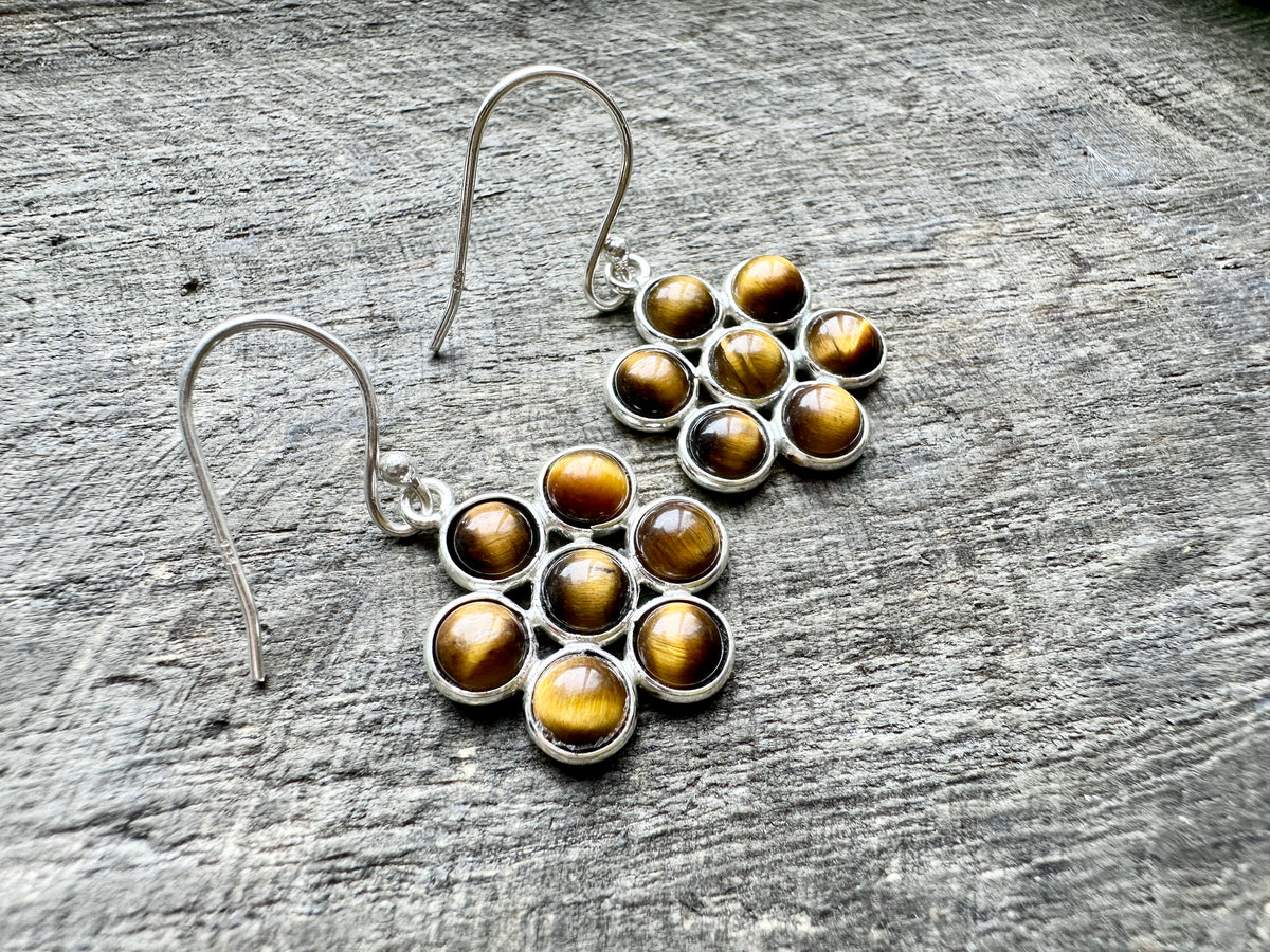 Elegance in Motion: Handmade 925 Silver 7 Stone Tiger Eye Earrings for Natural Radiance