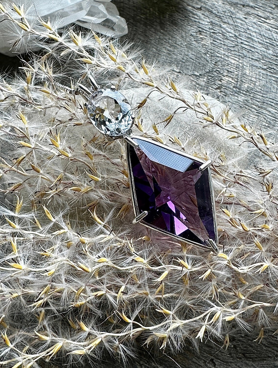 Amethyst Ascension Star Vogel With Oval Cut Danburite 925 Solid Silver Necklace Pendant  - Crystal Healing Meditation