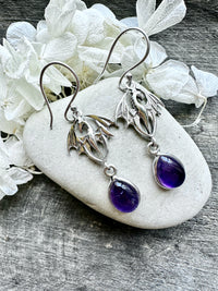 Handmade 925 Silver Dragon Earrings with Crystal Moonstone, Black Onyx Jade, and Amethyst: Mythical Elegance and Elemental Energy