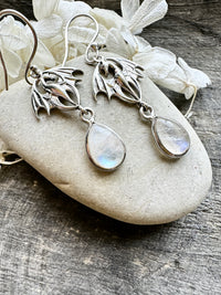 Handmade 925 Silver Dragon Earrings with Crystal Moonstone, Black Onyx Jade, and Amethyst: Mythical Elegance and Elemental Energy