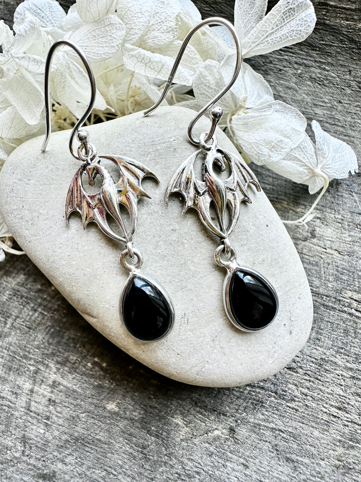 Handmade 925 Silver Dragon Earrings with Crystal Moonstone, Black Onyx Jade, and Amethyst: Mythical Elegance and Elemental Energy