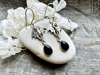 Handmade 925 Silver Dragon Earrings with Crystal Moonstone, Black Onyx Jade, and Amethyst: Mythical Elegance and Elemental Energy