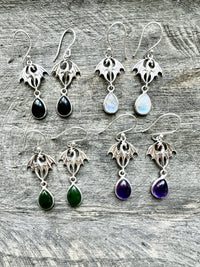 Handmade 925 Silver Dragon Earrings with Crystal Moonstone, Black Onyx Jade, and Amethyst: Mythical Elegance and Elemental Energy