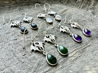 Handmade 925 Silver Dragon Earrings with Crystal Moonstone, Black Onyx Jade, and Amethyst: Mythical Elegance and Elemental Energy