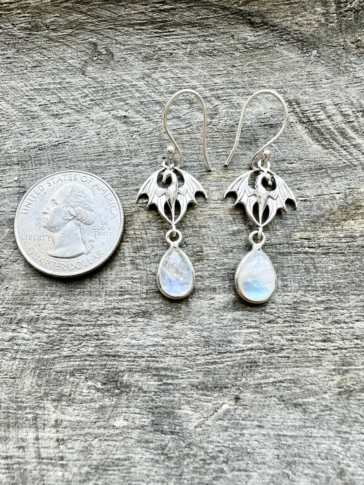 Handmade 925 Silver Dragon Earrings with Crystal Moonstone, Black Onyx Jade, and Amethyst: Mythical Elegance and Elemental Energy