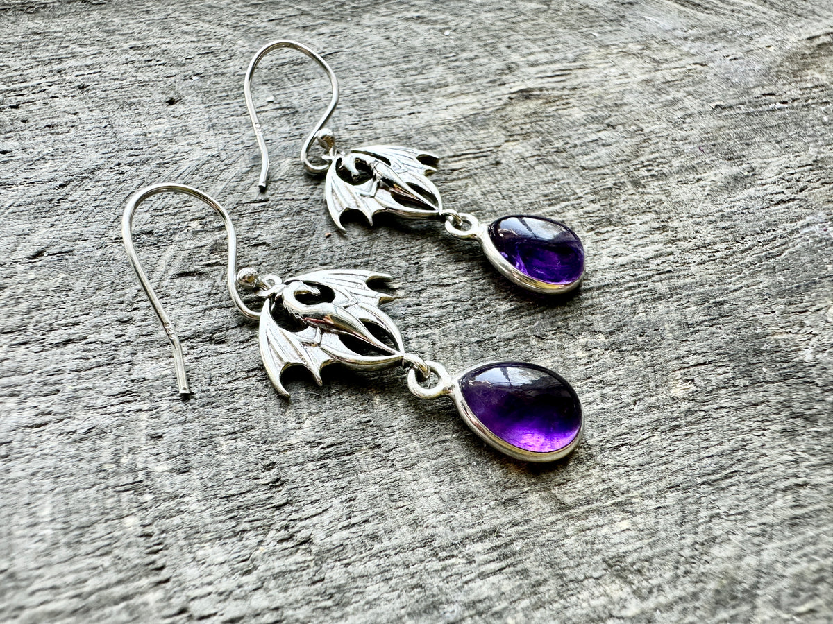 Handmade 925 Silver Dragon Earrings with Crystal Moonstone, Black Onyx Jade, and Amethyst: Mythical Elegance and Elemental Energy