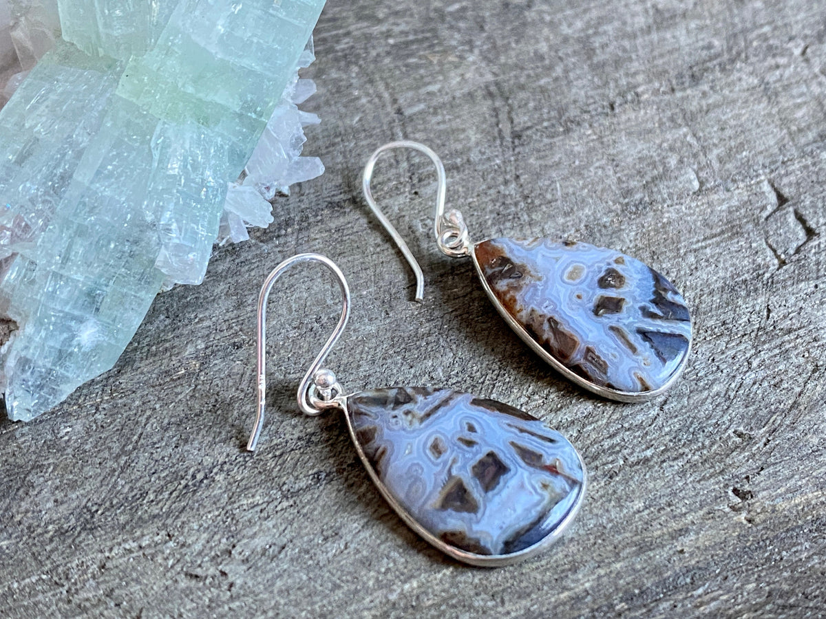 Tube Agate 925 Silver Handmade Earrings - Crystal Healing Meditation