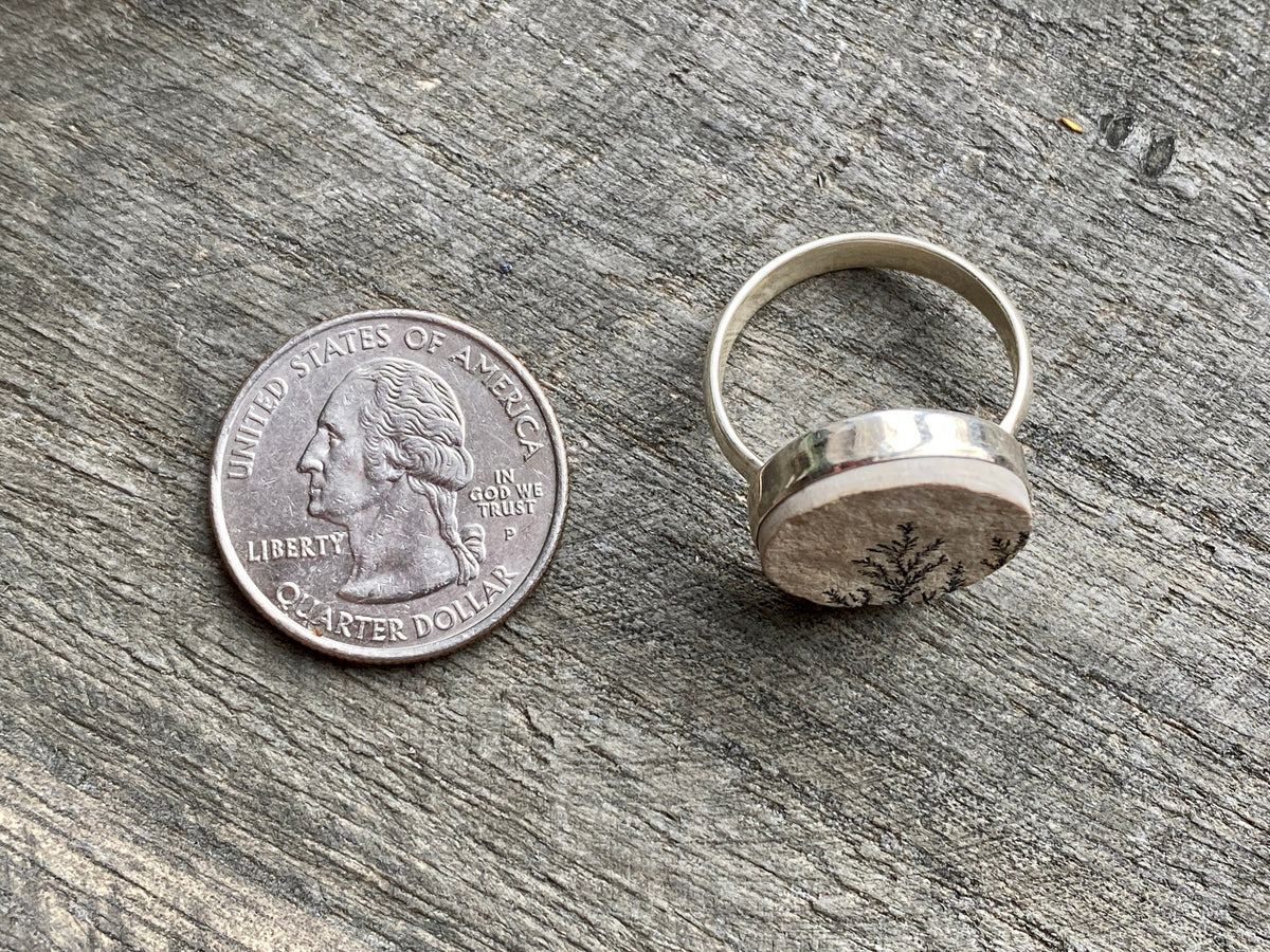 Round Psilomeane Dendrite Handmade Ring Size 8 - Crystal Healing Meditation