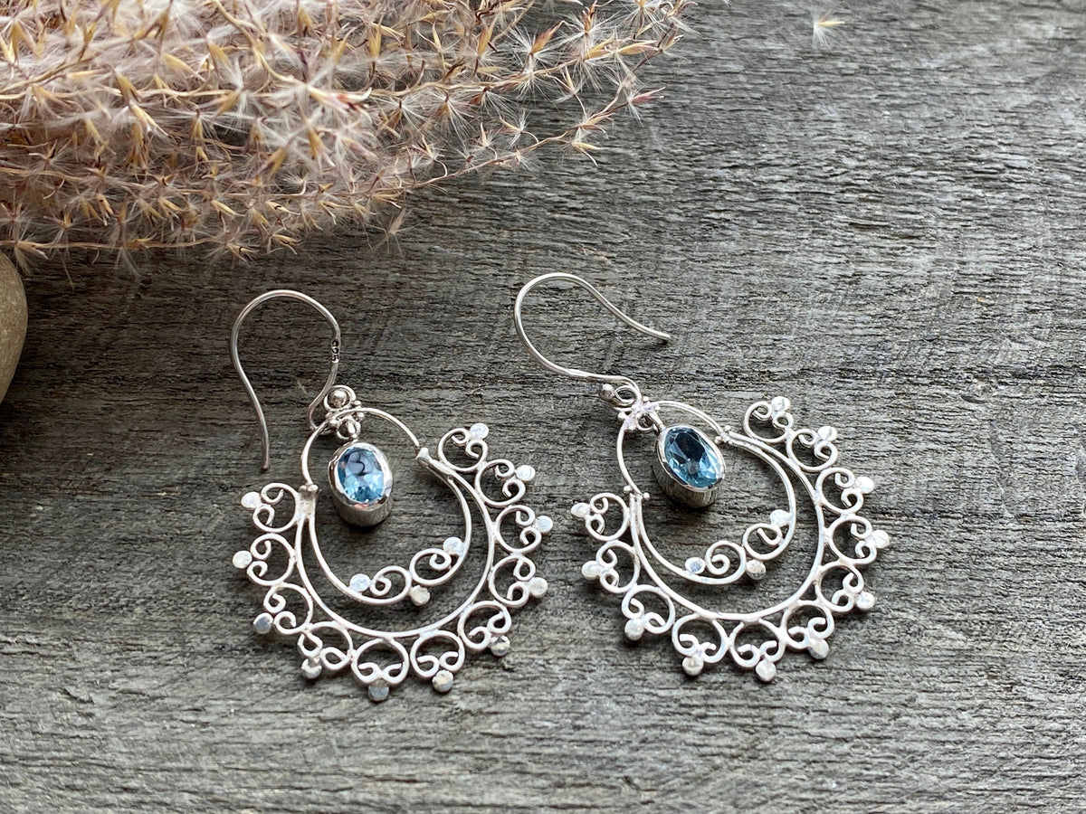 Boho Blue Topaz 925 Silver Handmade Earrings - Crystal Healing Meditation