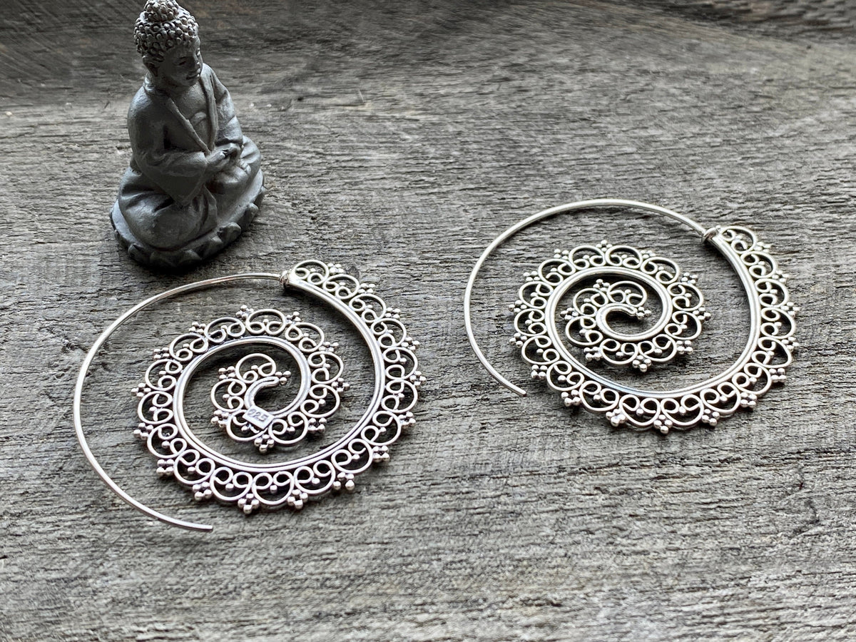 Bohemian Boho Spiral 925 Silver Handmade Earrings - Crystal Healing Meditation