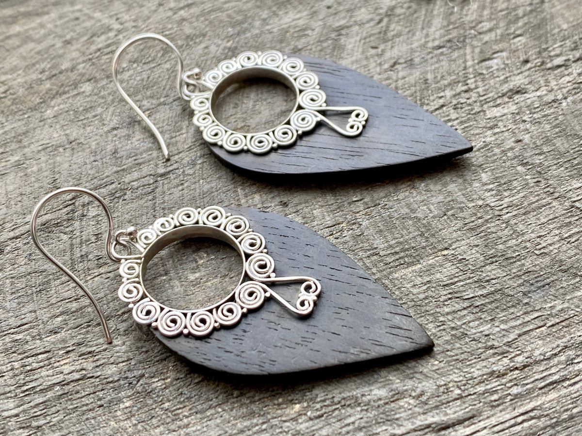 Beautiful Sonokeling Wood Handmade 925 Silver Earrings